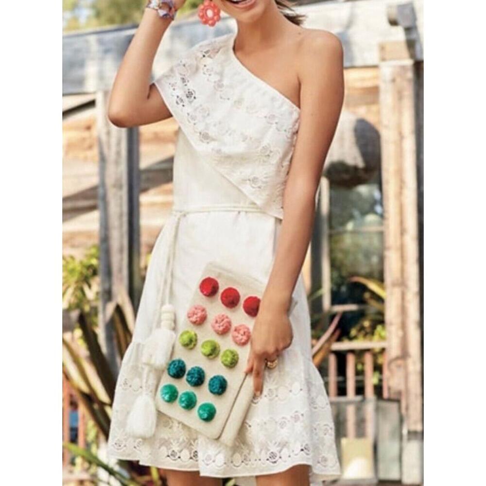 Maette by Stella & Dot Cora One Shoulder Dress White Ruffle Cottagecore - Picture 2 of 9